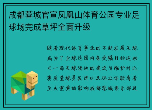 成都蓉城官宣凤凰山体育公园专业足球场完成草坪全面升级 成都蓉城官宣凤凰山体育公园专业足球场完成草坪全面升级