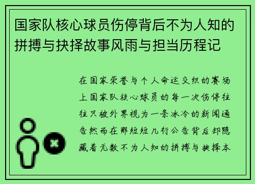 国家队核心球员伤停背后不为人知的拼搏与抉择故事风雨与担当历程记 国家队核心球员伤停背后不为人知的拼搏与抉择故事风雨与担当历程记